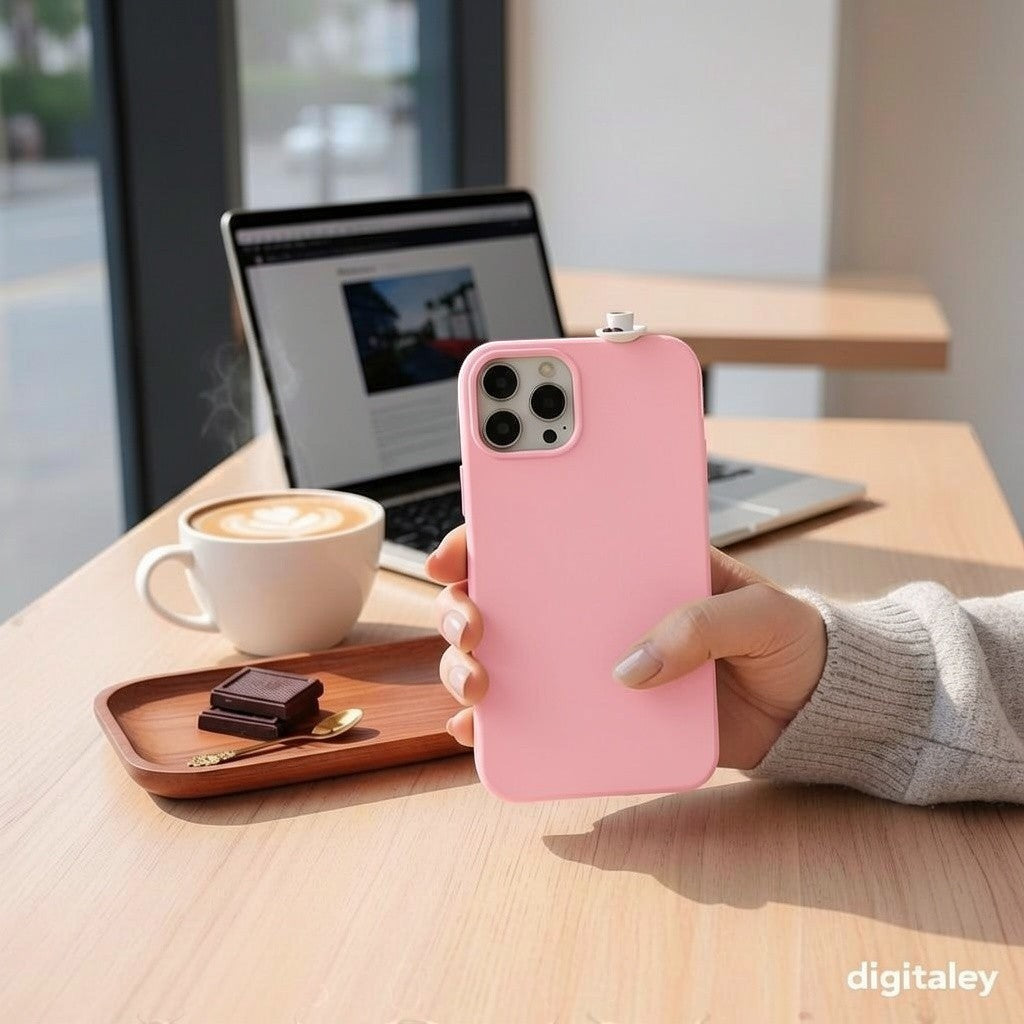 digitaley.co pink phone case with 3D miniature Turkish coffee cup and chocolate charm