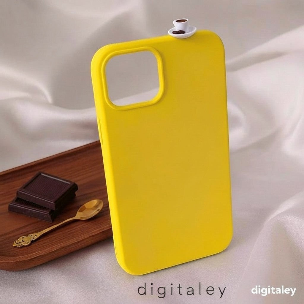 digitaley.co yellow phone case with 3D miniature Turkish coffee cup and chocolate charm