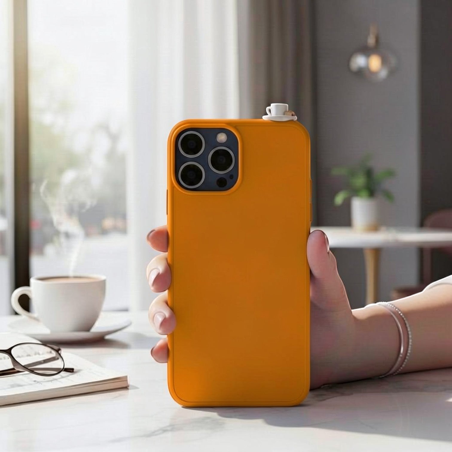 digitaley.co orange phone case with miniature Turkish coffee cup and saucer accessory