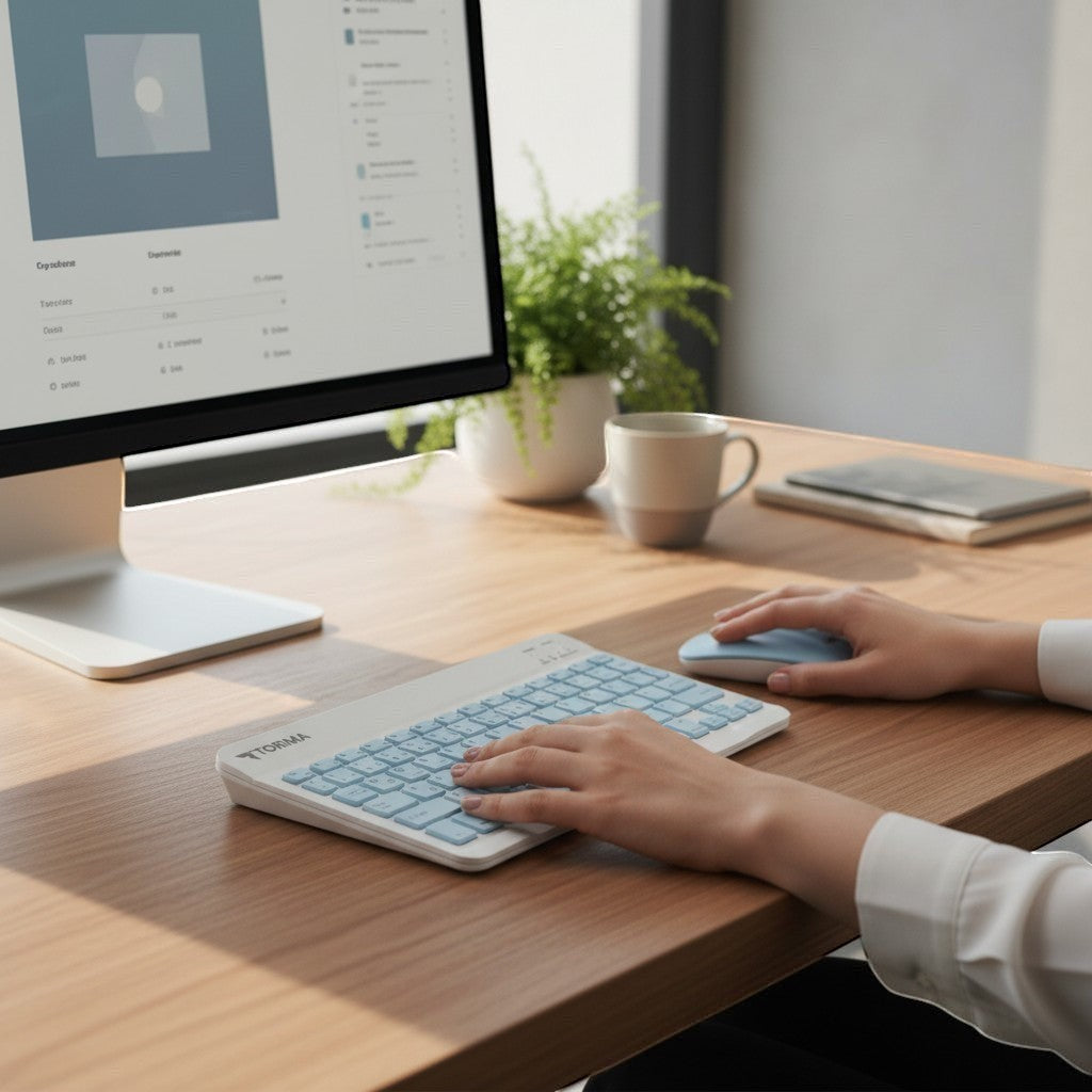digitaley.co pastel blue wireless keyboard and mouse set with quiet keys and ergonomic design on a wooden desk.