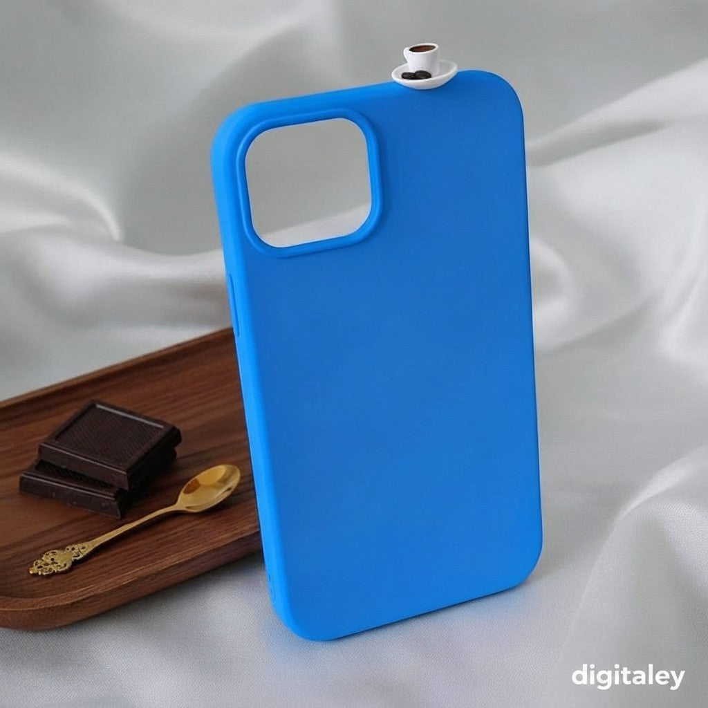 Blue phone case with 3D miniature Turkish coffee cup and chocolate charm. Handmade artisan accessory.
