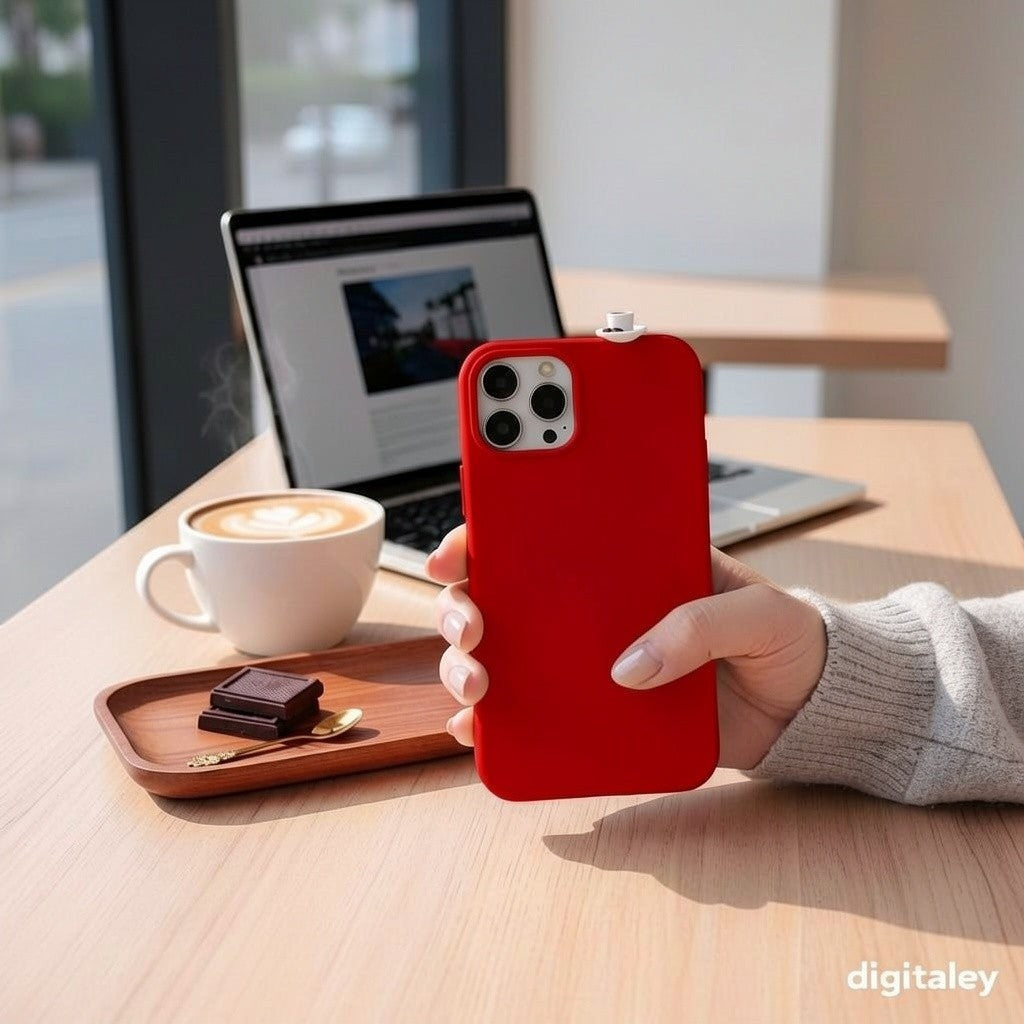 Red iPhone case with a miniature Turkish coffee cup and chocolate charm, held by a hand. A laptop and coffee are on the table.